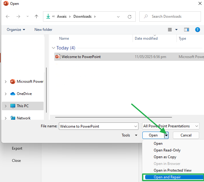 open and repair the file to fix the file is corrupted and cannot be opened powerpoint