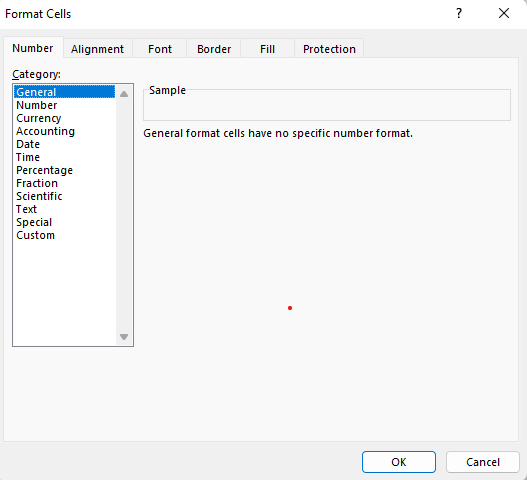 Number Tab in in Format Cells