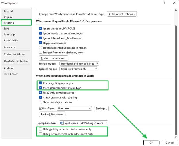 Proofing customization in MS Word to enable check spelling as you type feature.