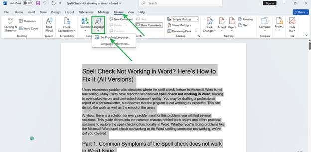 Set the Proofing Language feature in Review Tab