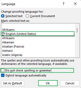 Language selection in MS Word to fix spelling check