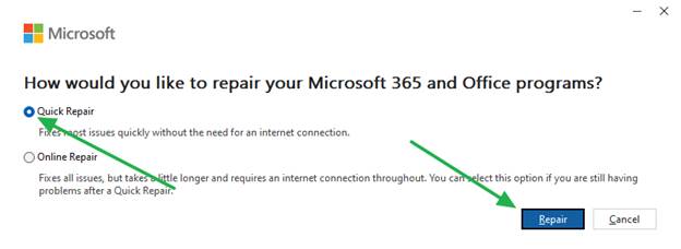 Quick or Online Repair Dialogue Box of Microsoft Office