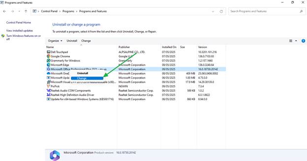 Programs List in Control Panel