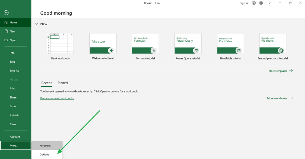 Options feature in Excel File tab