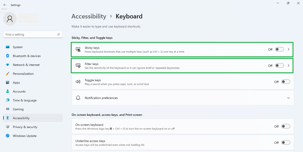 Sticky Keys and Filter Keys for Keyboard Settings