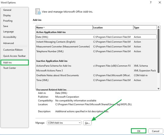 Add-ins location of MS Word