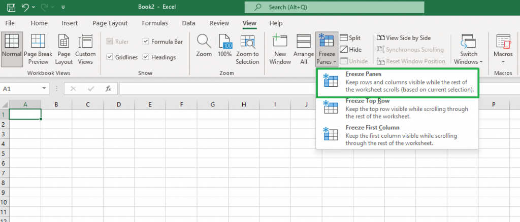 Freeze panes feature on Excel